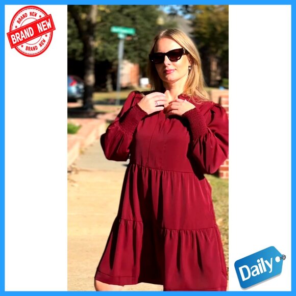 Long Sleeve Tunic Dress V Neck Ruffle Tiered Casual Elegant Fall Wear - Picture 7 of 7